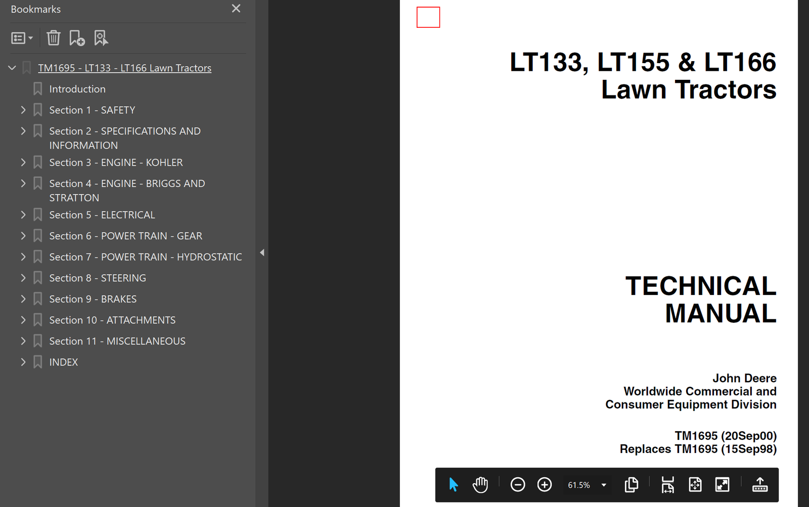 John Deere LT133 LT155 LT166 Lawn Tractor Technical Manual TM1695 - preview 1